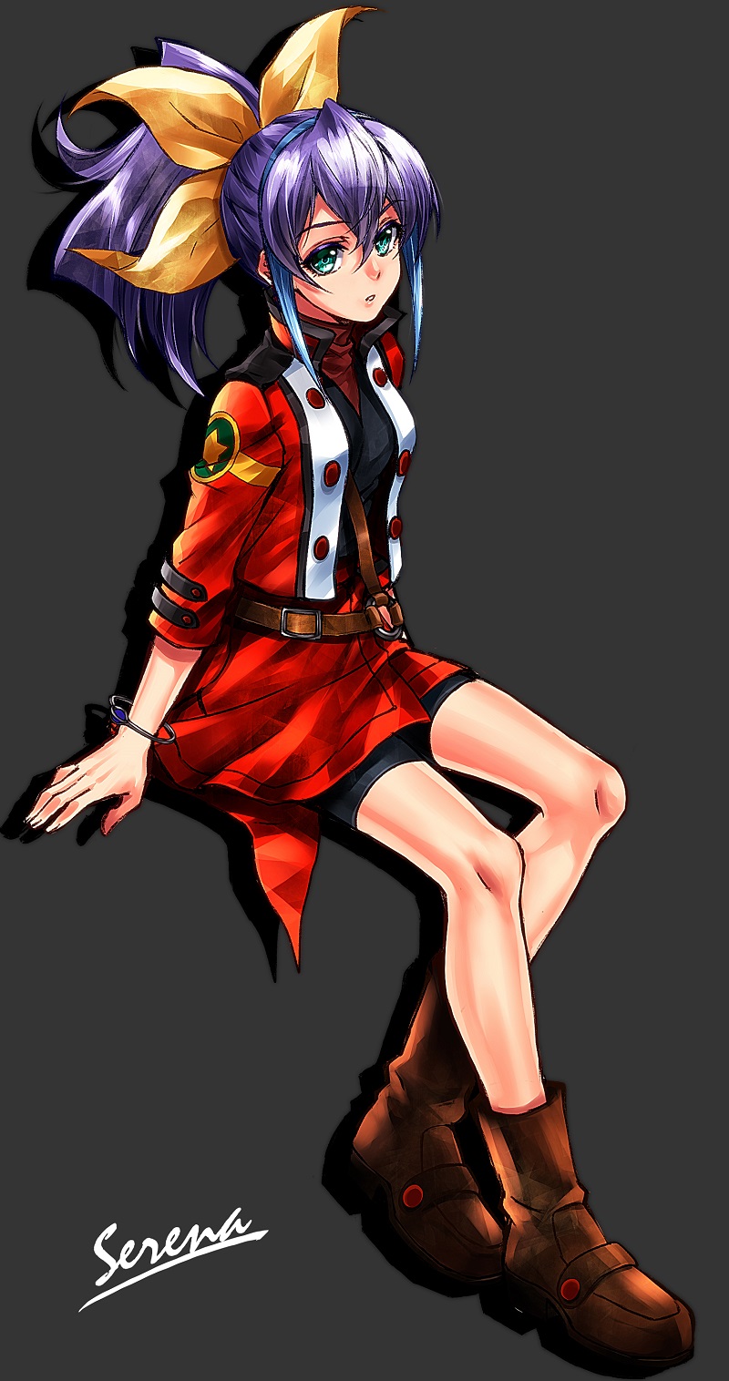 1girl, belt, blue_hair, boots, bow, bracelet, brown_boots, character_name