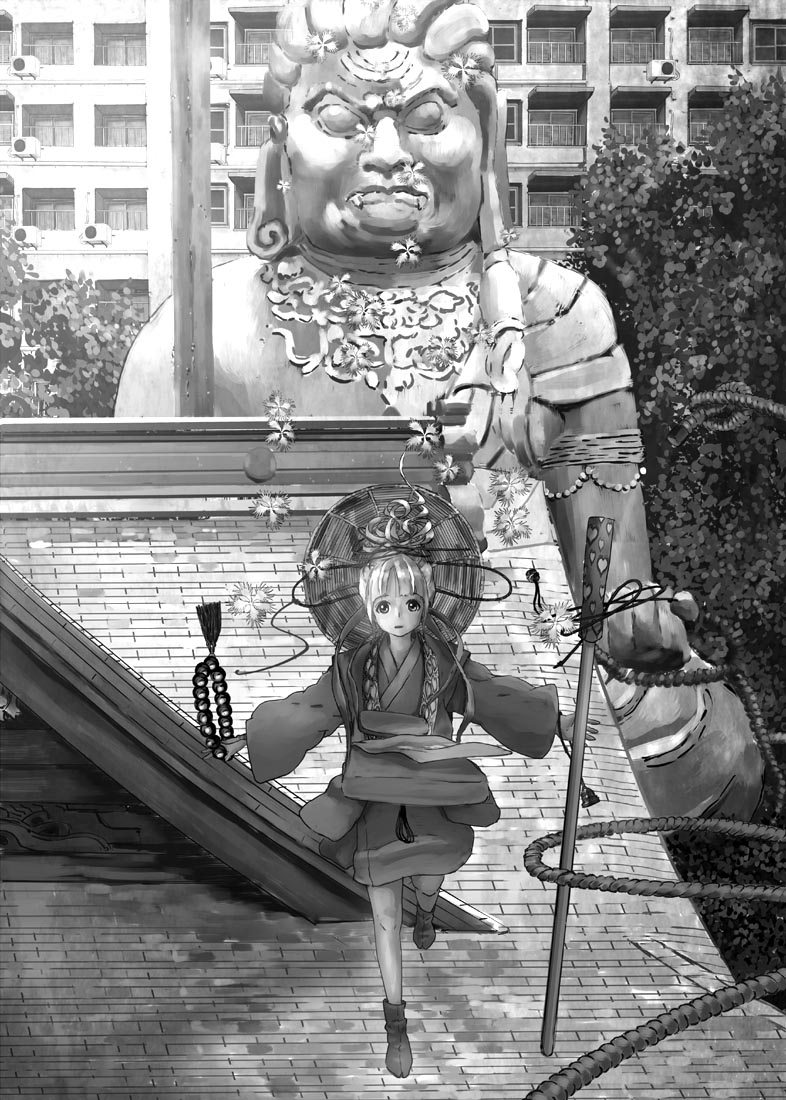 1girl, bag, beads, building, city, greyscale, japanese_clothes, katou_fumitaka