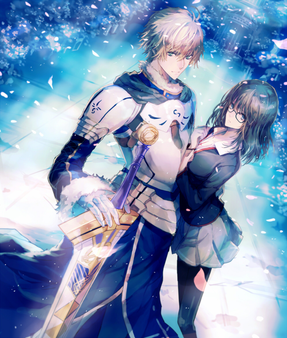 1boy, 1girl, armor, black_legwear, blonde_hair, blue_eyes, breastplate, brown_hair
