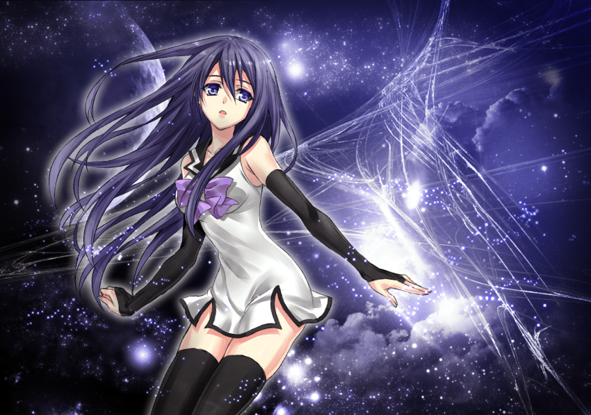 1girl, arms_at_sides, bare_shoulders, black_hair, black_legwear, blue_eyes, bow, bowtie
