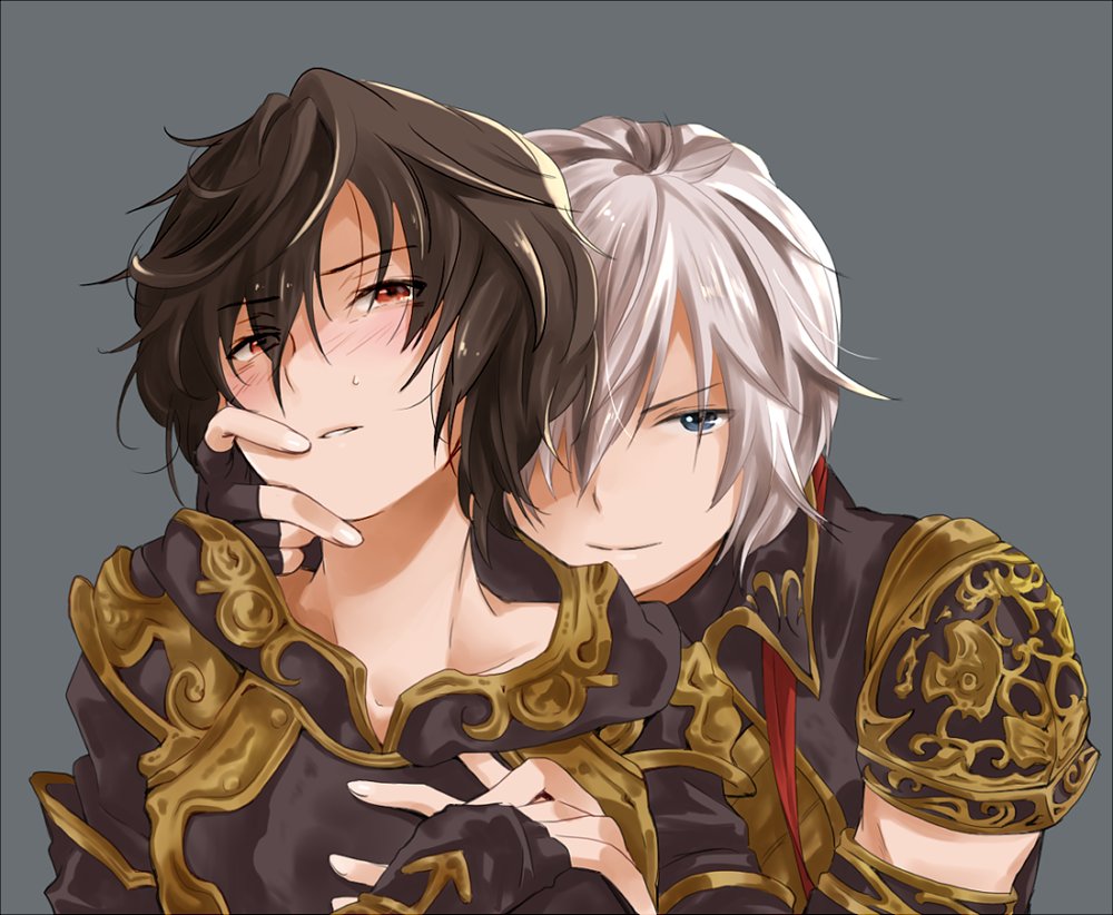 2boys, blush, brown_hair, collarbone, fingerless_gloves, gloves, granblue_fantasy, lucifer_(shingeki_no_bahamut)