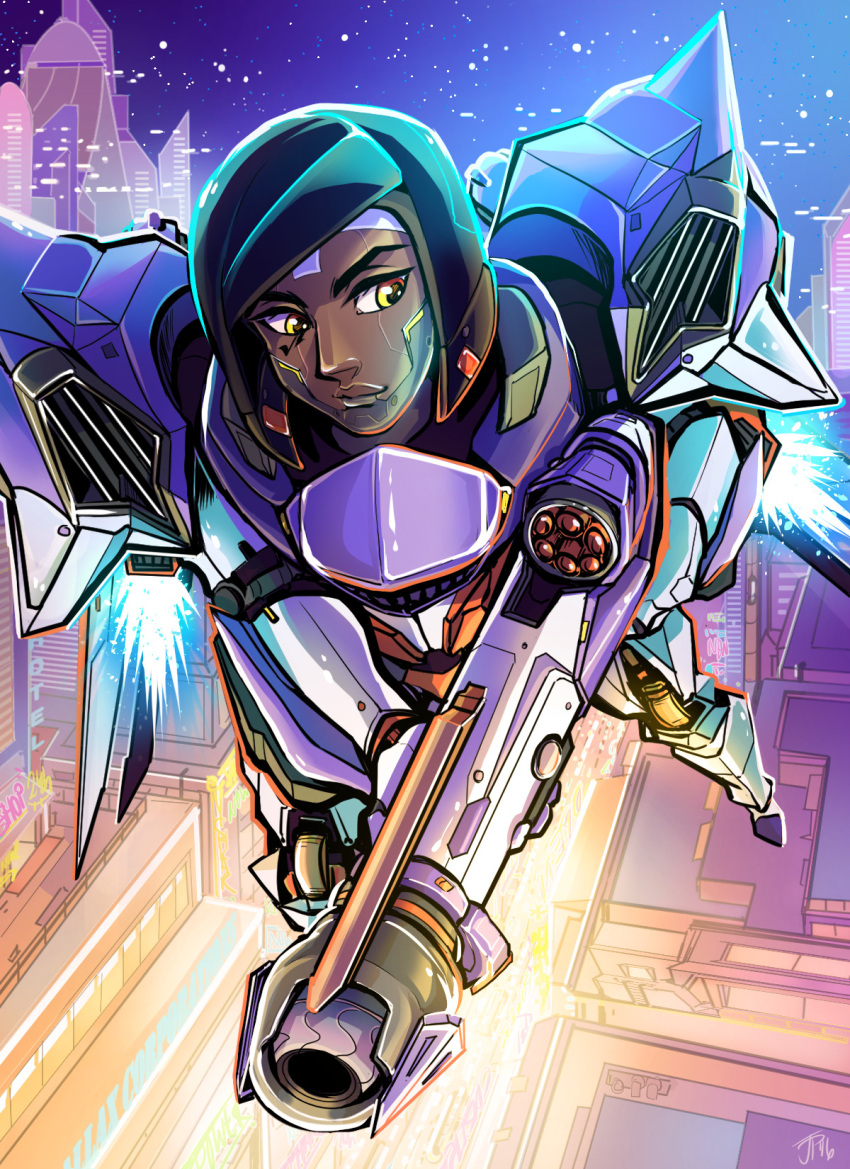 1girl, alternate_costume, black_hair, cityscape, commentary, cyborg, dark_skin, ddhew