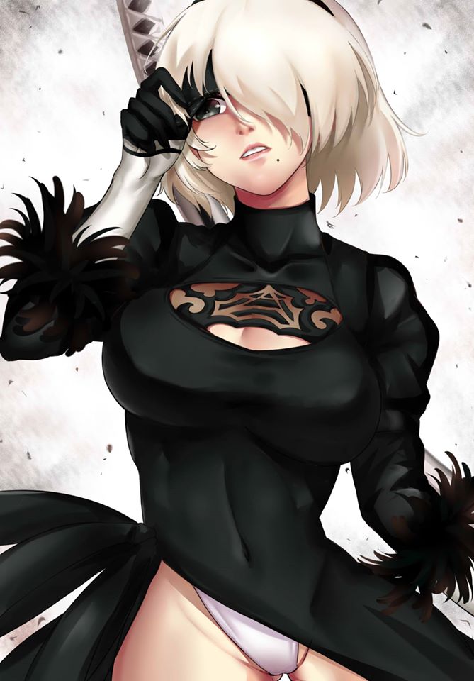 1girl, eyepatch, eyepatch_lift, gankami, nier_(series), nier_automata, solo, yorha_no._2_type_b