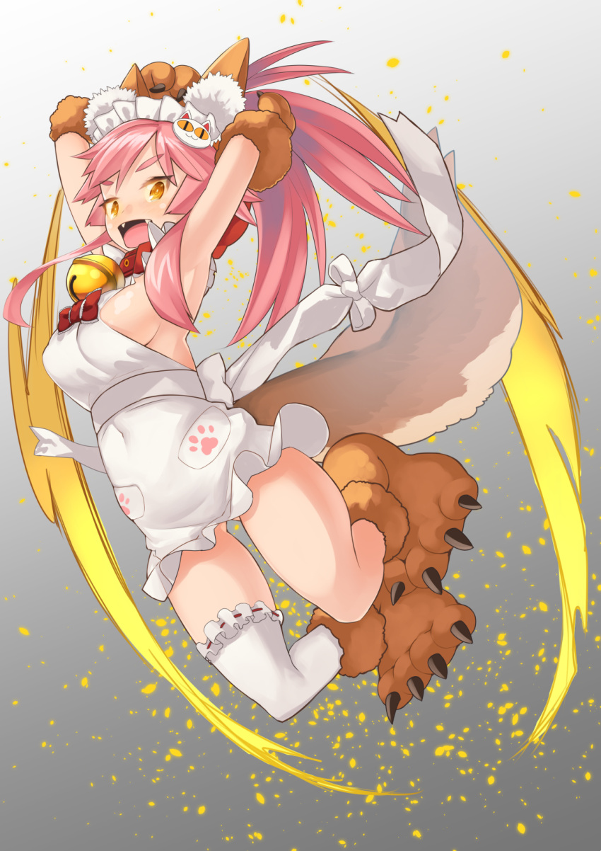 1girl, animal_ears, asanuma, bell, bell_collar, breasts, collar, fangs
