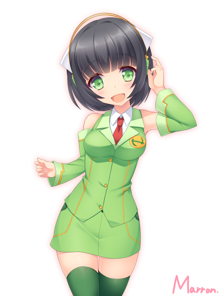 1girl, :d, arm_up, armpit_peek, artist_name, bangs, bare_shoulders, black_hair