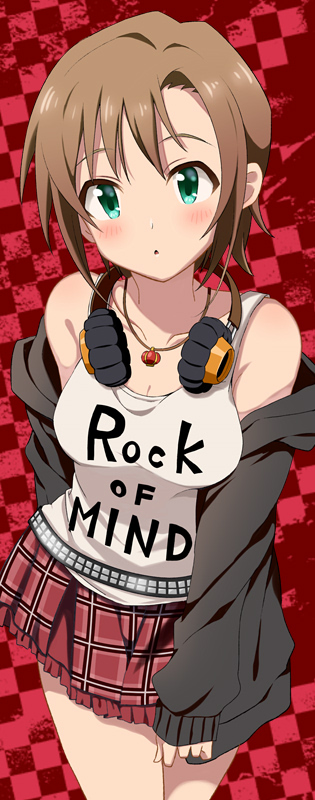1girl, blush, breasts, brown_hair, checkered, checkered_background, green_eyes, headphones
