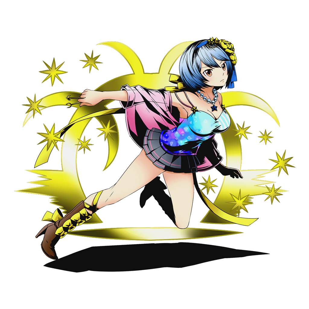 1girl, black_skirt, blue_hair, blue_hairband, blue_shirt, boots, breasts, brown_boots