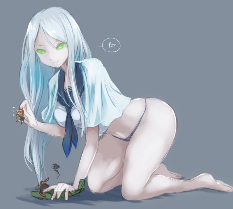 2girls, bare_legs, barefoot, black_panties, fairy_(kantai_collection), giantess, green_eyes, grey_background
