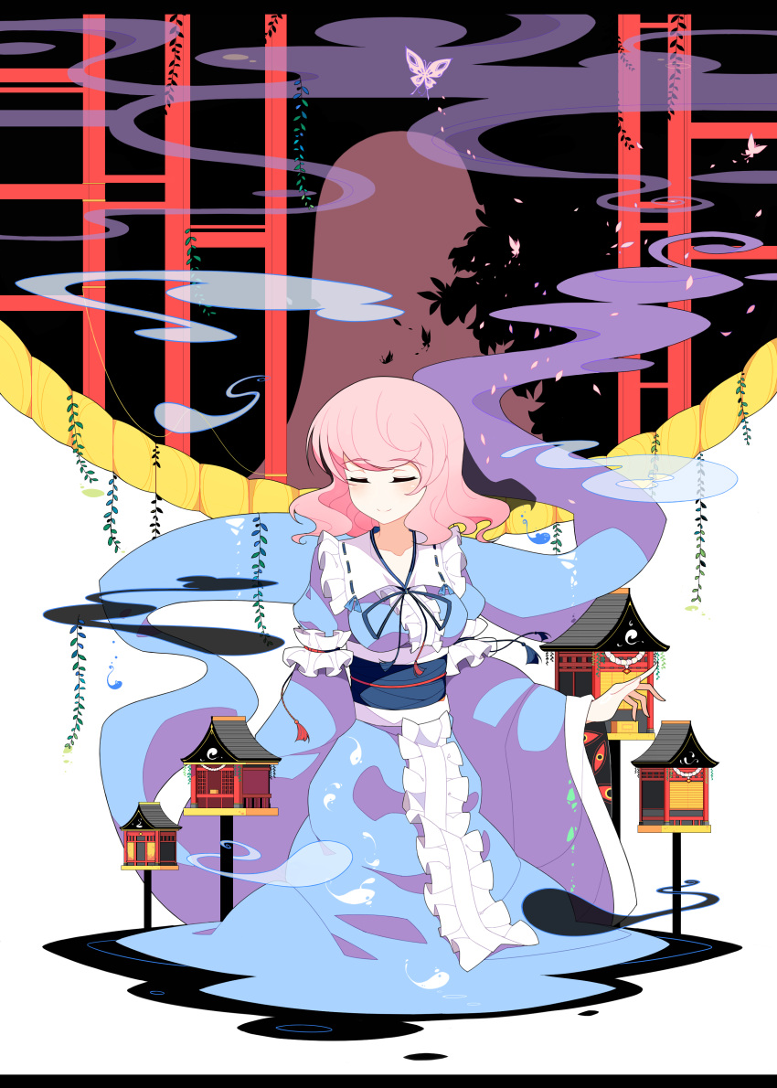1girl, absurdres, banzhai_zhuchihuo, blue_kimono, blush, bow, closed_eyes, closed_mouth