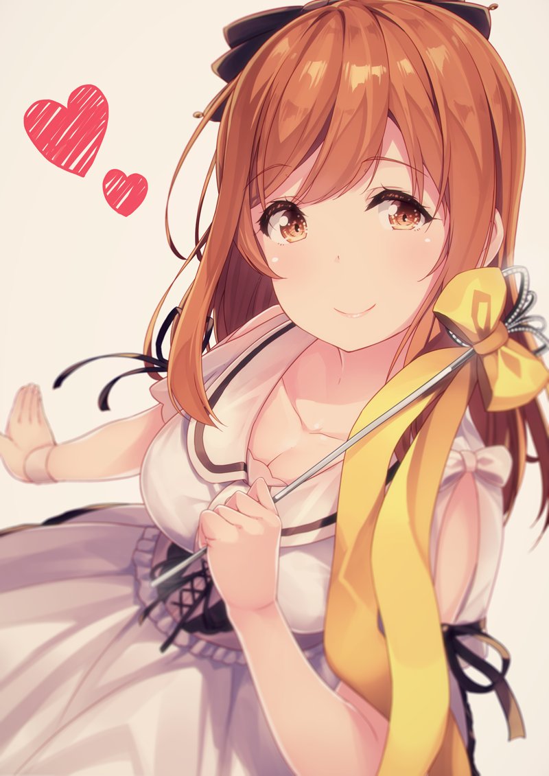 1girl, bangs, beige_background, black_bow, black_ribbon, blurry, bow, breasts