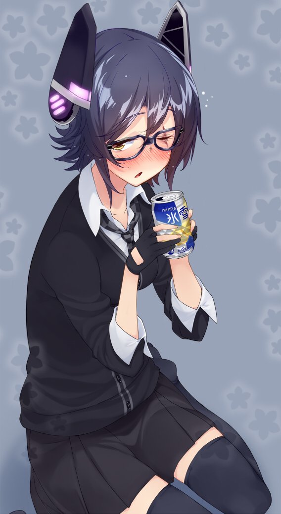 1girl, alcohol, amayu, beer, beer_can, bespectacled, black_skirt, blue_background