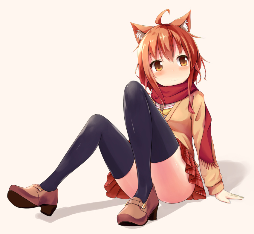1girl, 3:, ahoge, animal_ears, arm_support, bangs, black_legwear, blush