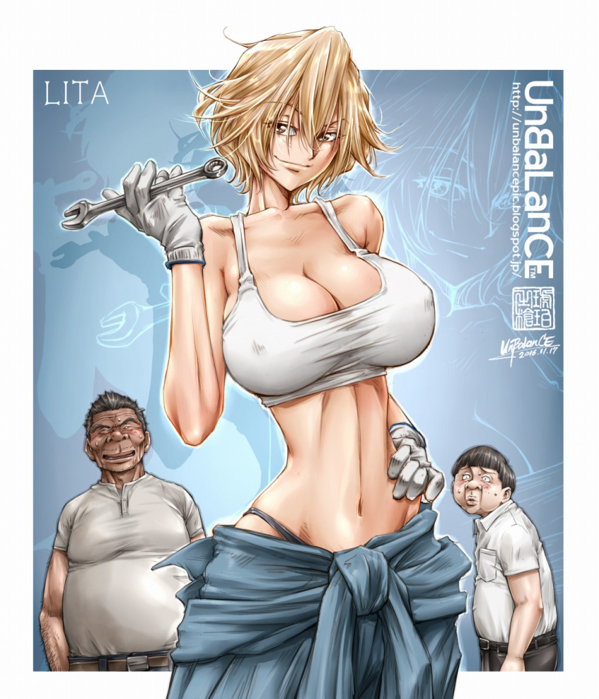 1girl, 2boys, artist_name, bare_shoulders, belt, blonde_hair, blush, breasts, brown_eyes, character_name, cleavage, collared_shirt, dated, erect_nipples, gloves, hand_on_hip, highres, large_breasts, lita_(unbalance), multiple_boys, original, shirt, short_hair, smile, thong, unbalance, white_gloves, wrench