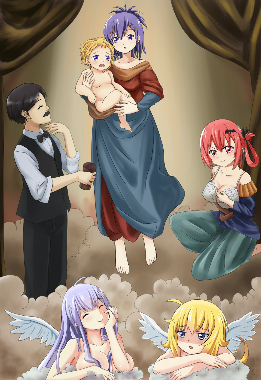 1boy, 4girls, :o, absurdres, angel, baby, barefoot, bat_hair_ornament