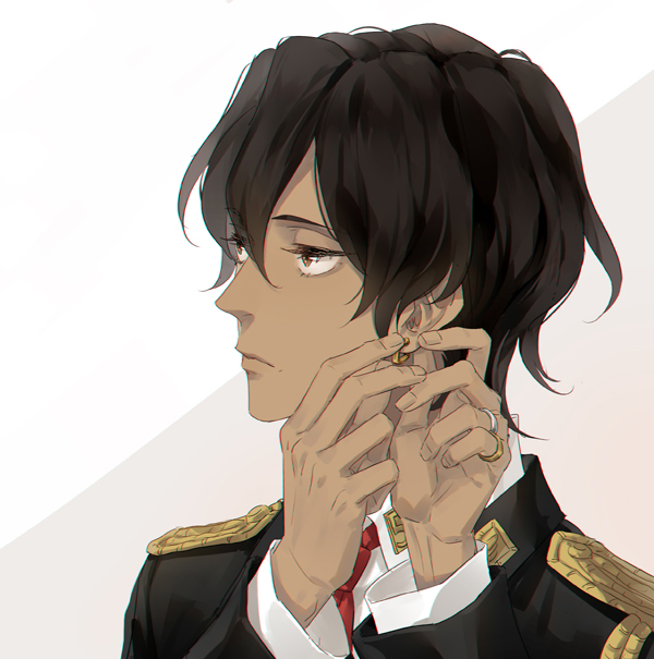 1boy, acca_13-ku_kansatsu-ka, adjusting_earrings, black_hair, brown_eyes, dark_skin, earrings, jewelry