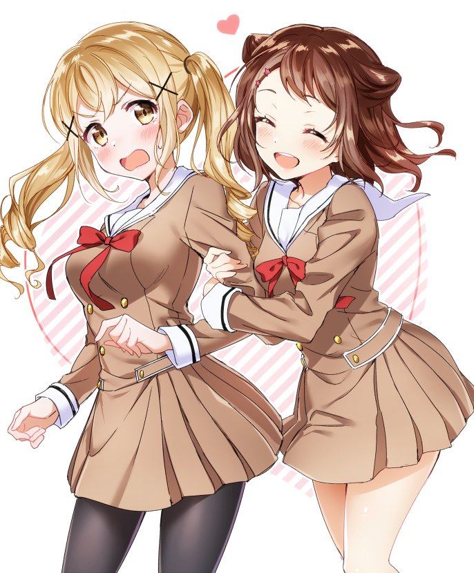 2girls, bang_dream!, black_legwear, blonde_hair, blush, brown_eyes, brown_hair, closed_eyes