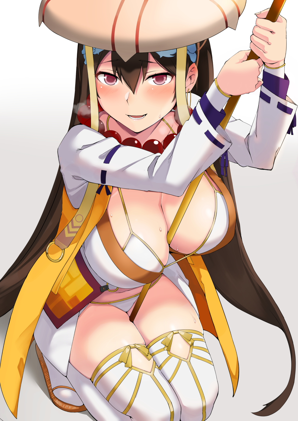 1girl, :d, beads, beige_hat, between_breasts, between_legs, bikini, bikini_top, blue_ribbon, blush, bow, breasts, breath, brown_hair, cleavage, eyebrows_visible_through_hair, fate/grand_order, fate_(series), hair_between_eyes, hat, highres, holding, holding_staff, ichimegasa, jewelry, large_breasts, leaning_forward, long_hair, looking_at_viewer, necklace, nuko_(mikupantu), open_clothes, open_mouth, open_vest, orange_vest, pearl_necklace, prayer_beads, red_eyes, ribbon, ribbon-trimmed_sleeves, ribbon_trim, sandals, smile, solo, squatting, staff, sweat, swimsuit, thigh-highs, very_long_hair, vest, violet_eyes, white_bikini, white_legwear, xuanzang_(fate/grand_order), yellow_bow