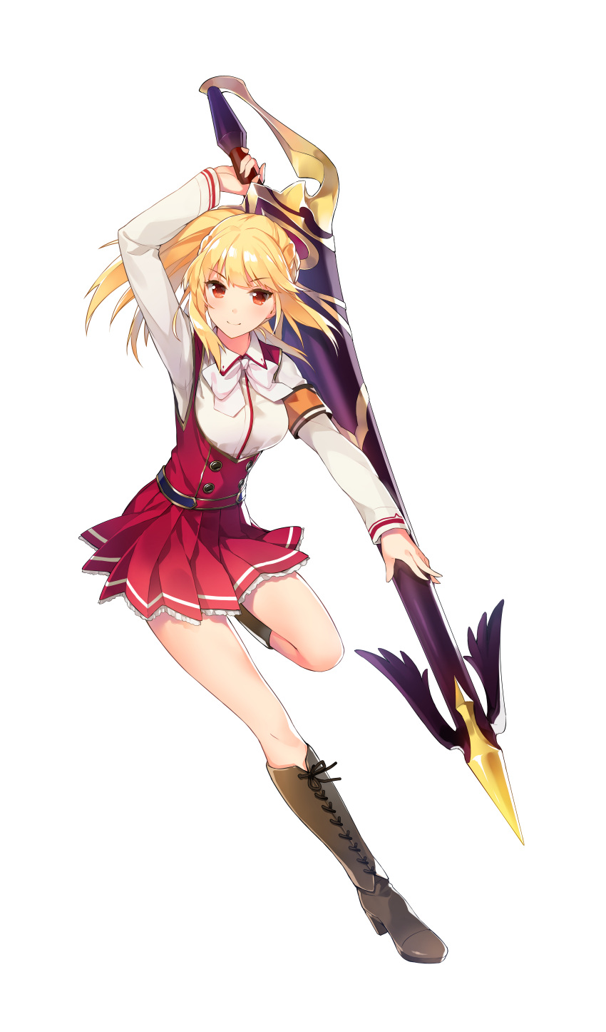 1girl, absurdres, arm_up, armband, blonde_hair, boots, full_body, high_ponytail