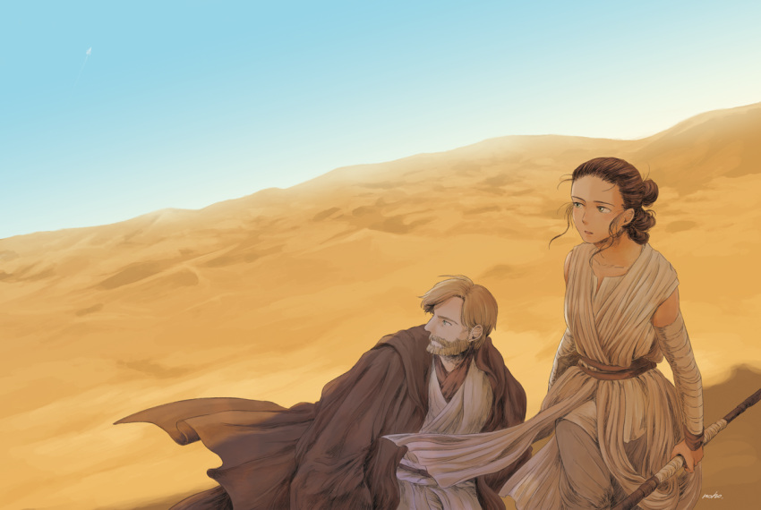 1boy, 1girl, beard, crossover, desert, dutch_angle, facial_hair, jedi