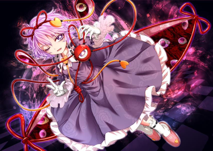 1girl, ;d, checkered, checkered_floor, cosplay, dress, dutch_angle, frilled_dress