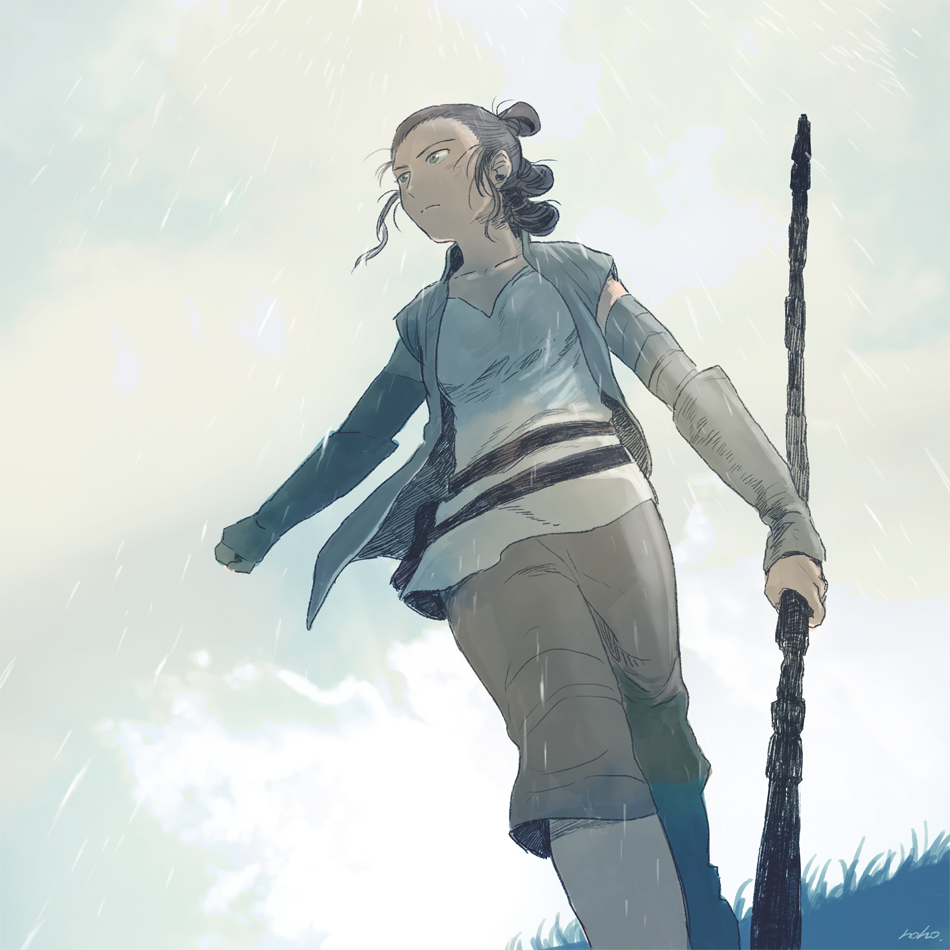 1girl, dutch_angle, matsuri6373, rain, rey_(star_wars), science_fiction, star_wars, star_wars:_the_force_awakens