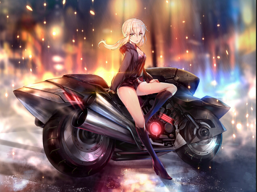 1girl, blonde_hair, boots, breasts, cleavage, fate/grand_order, fate_(series), ground_vehicle