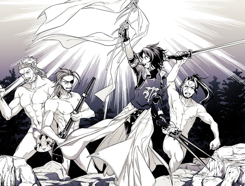 4boys, abs, armor, beard, censored, character_censor, clenched_hand, closed_eyes