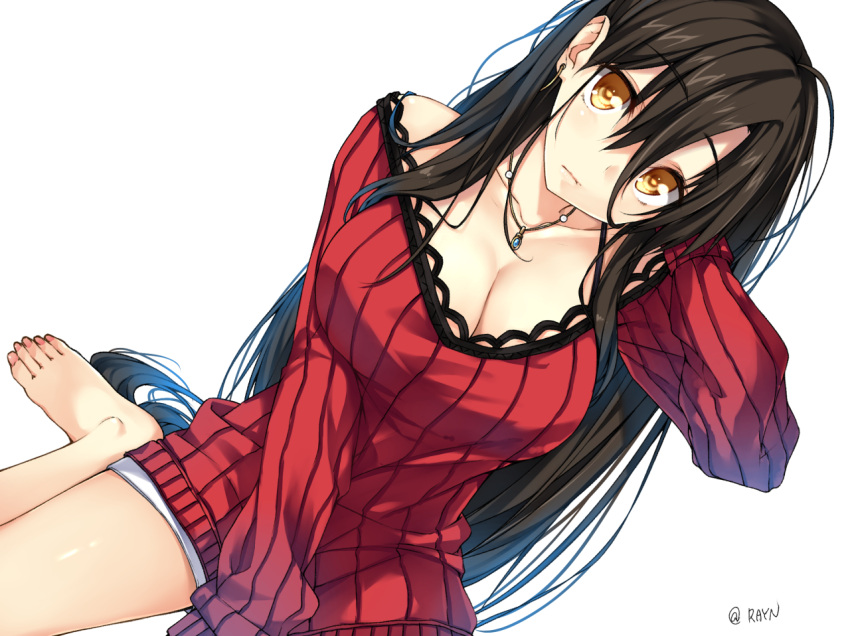 1girl, :/, arm_behind_head, barefoot, black_hair, blush, breasts, brown_eyes
