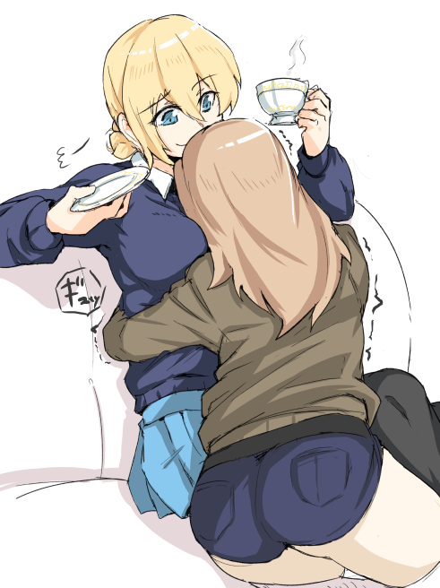 2girls, ass, black_legwear, black_necktie, blonde_hair, blue_eyes, blue_shorts, blue_skirt