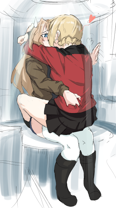 2girls, =3, black_skirt, blonde_hair, blue_eyes, blush, bomber_jacket, darjeeling