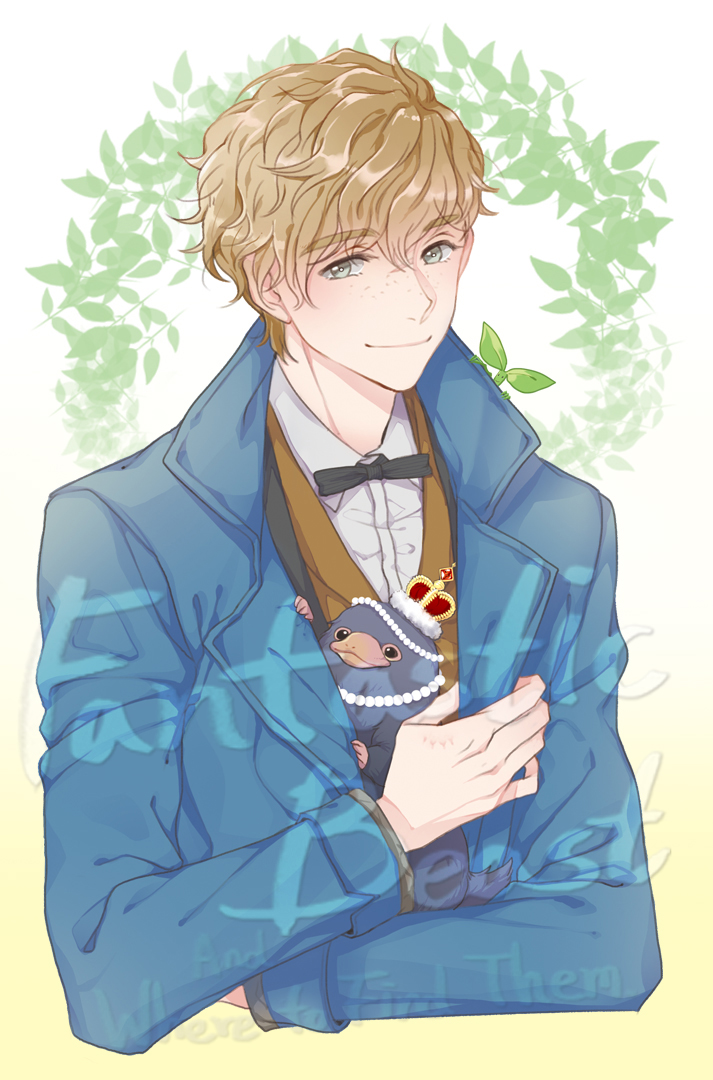 1boy, bow, bowtie, bowtruckle, brown_hair, coat, copyright_name, crown
