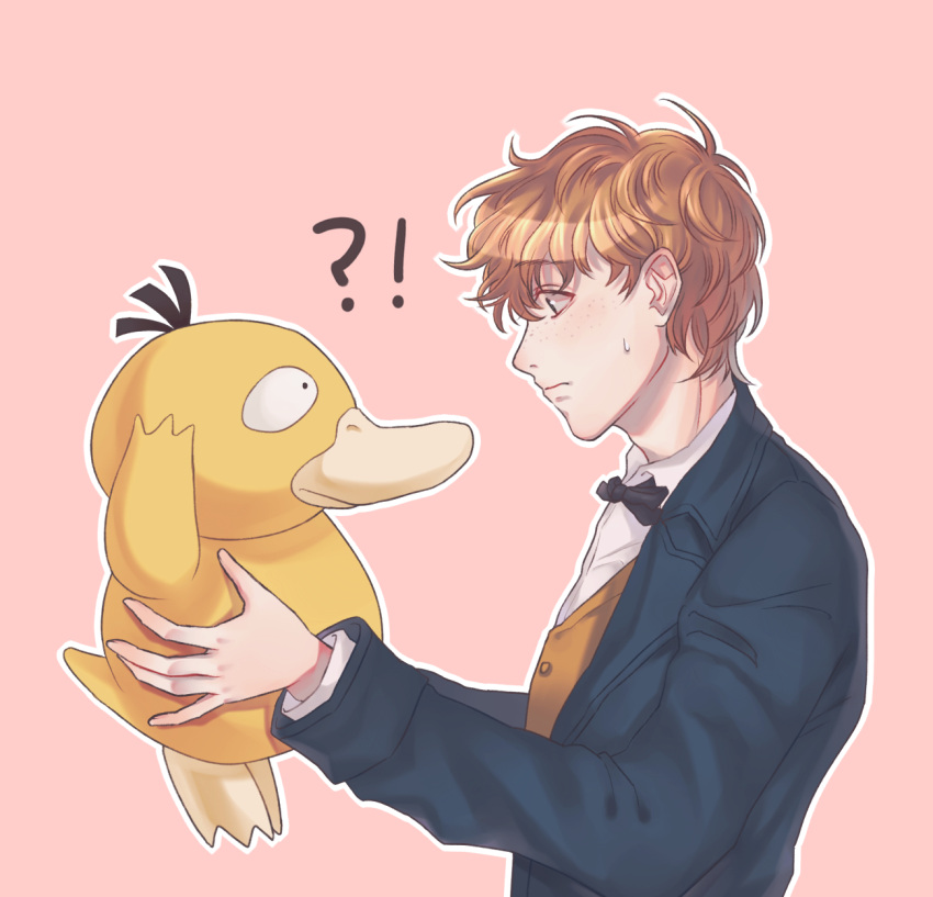 1boy, bow, bowtie, brown_hair, coat, crossover, fantastic_beasts_and_where_to_find_them, freckles, green_eyes, highres, male_focus, newt_scamander, pink_background, pokemon, pokemon_(creature), psyduck, simple_background, solo, upper_body, usan93