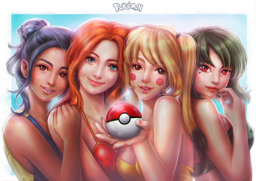 4girls, artist_name, back-to-back, bangs, black_hair, black_nails, blonde_hair, blush_stickers, breasts, brown_eyes, character_request, closed_mouth, commentary, copyright_name, dark_skin, earrings, from_side, girl_sandwich, green_hair, hand_on_another's_shoulder, head_tilt, highres, holding, holding_poke_ball, jewelry, medium_breasts, multiple_girls, nail_polish, orange_hair, outside_border, parted_bangs, parted_lips, poke_ball, pokemon, ponytail, realistic, red_bikini_top, red_eyes, sandwiched, short_ponytail, smile, spiderwee, upper_body