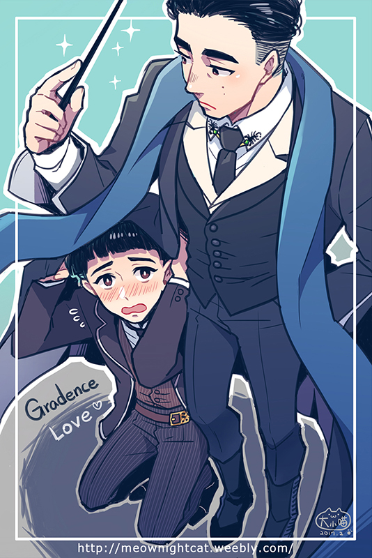 2boys, aqua_background, artist_name, belt, black_eyes, black_hair, blush, brown_eyes
