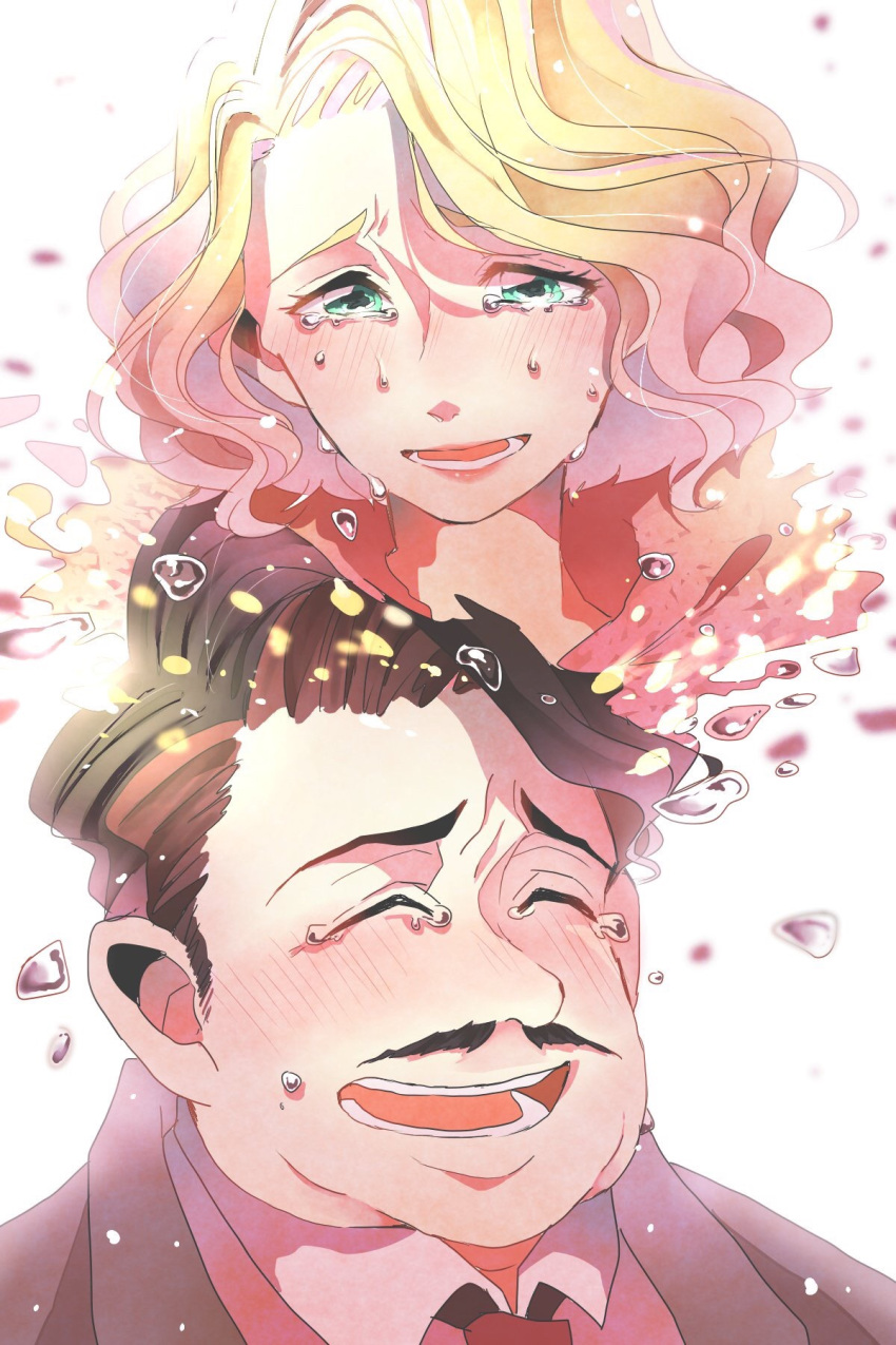 1boy, 1girl, blush, brown_hair, closed_eyes, crying, curly_hair, facial_hair