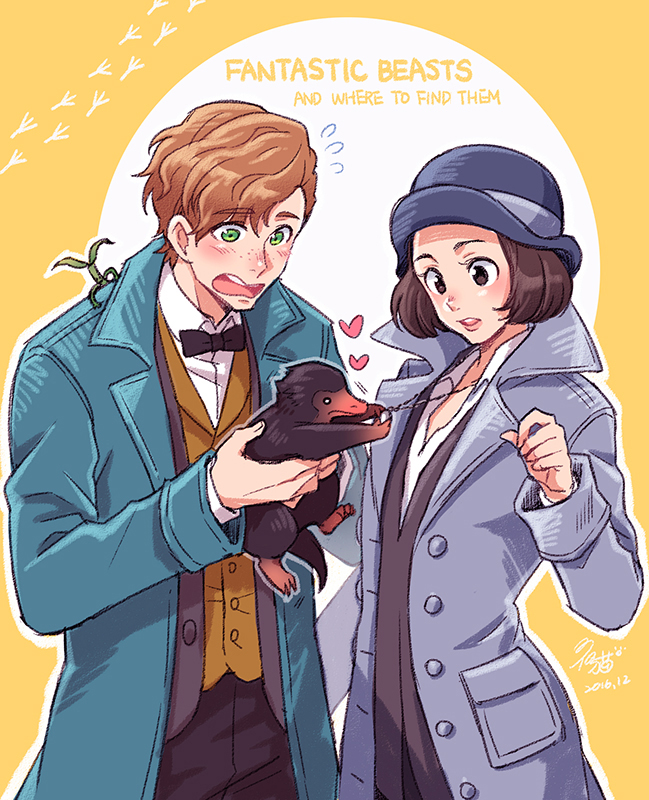 1boy, 1girl, artist_name, blush, bow, bowtie, bowtruckle, brown_hair