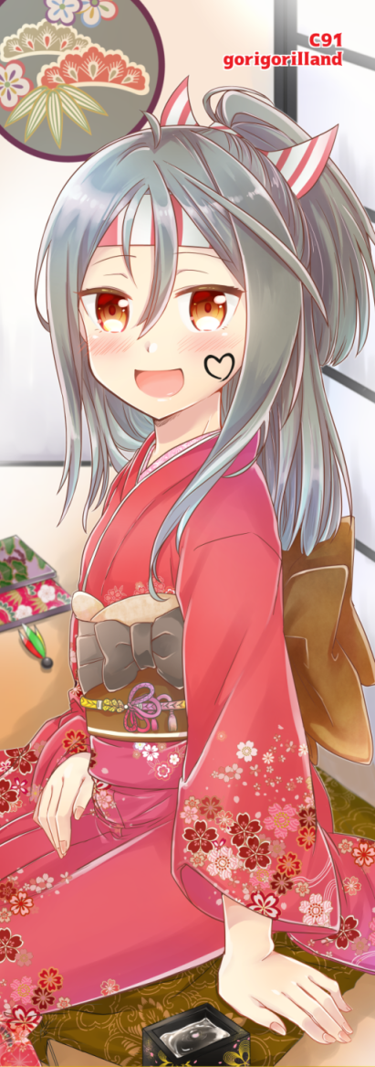 1girl, black_bow, blush, bow, heart, japanese_clothes, kantai_collection, kimono
