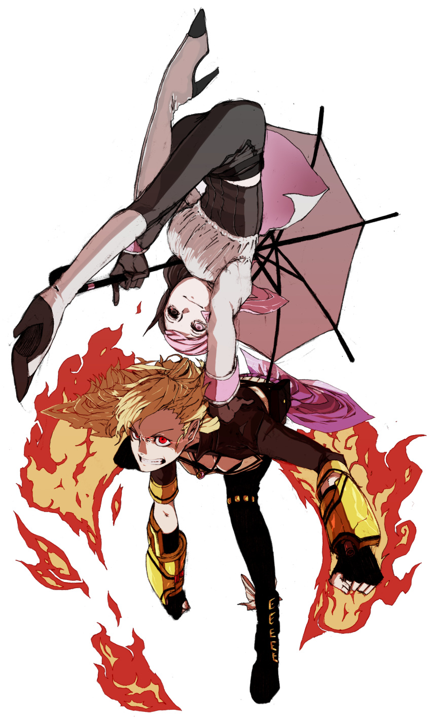 2girls, acrobatics, blonde_hair, boots, breasts, brown_eyes, brown_hair, buckle