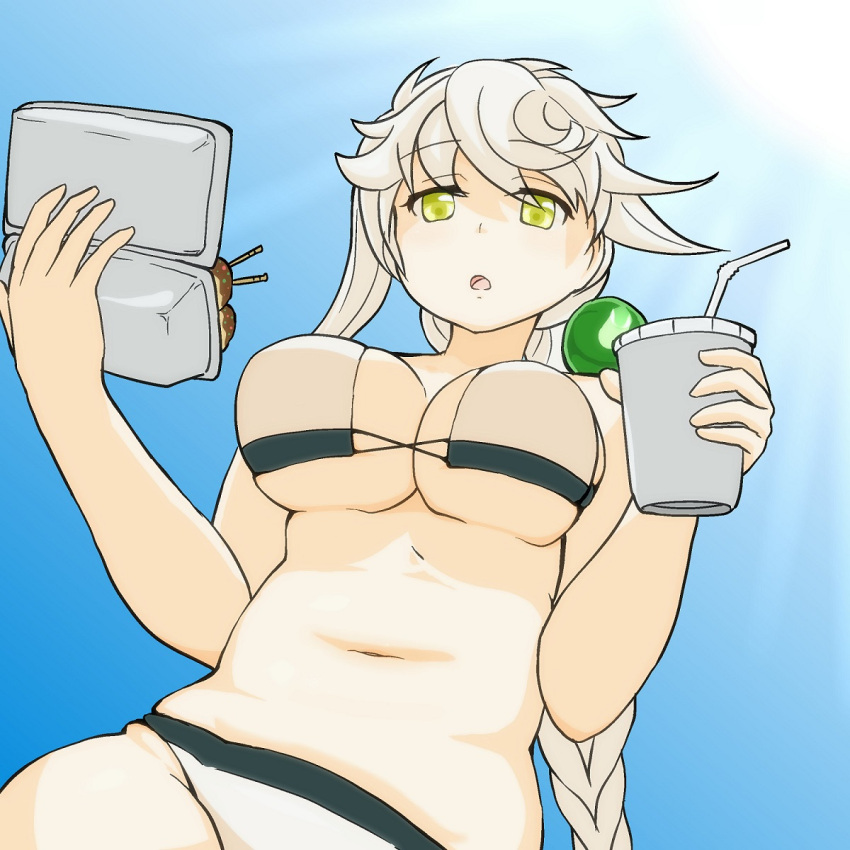 1girl, asymmetrical_hair, bikini, braid, breasts, cleavage, commentary_request, day, food, from_below, hair_ornament, highres, jitome, kantai_collection, large_breasts, long_hair, looking_at_viewer, midriff, namakura_neo, navel, open_mouth, sideboob, silver_hair, single_braid, sky, solo, swimsuit, takoyaki, thighs, tongue, under_boob, unryuu_(kantai_collection), upshot, very_long_hair, white_bikini, yellow_eyes