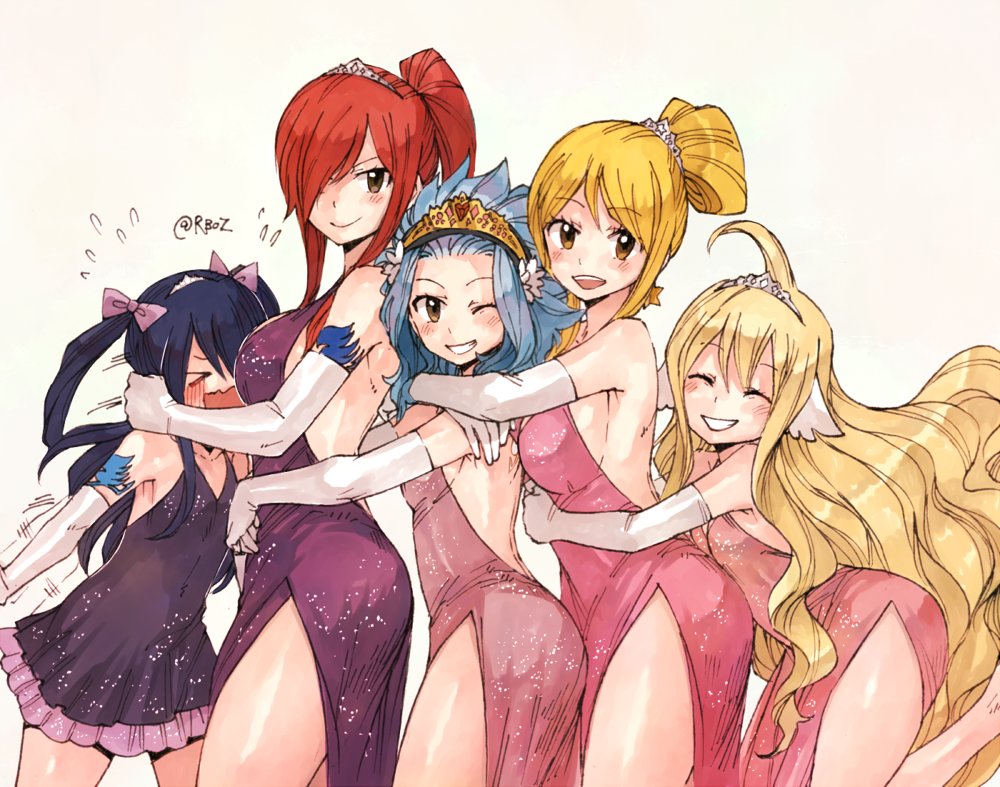 ass, blonde_hair, blue_hair, blush, breasts, closed_eyes, dress, erza_scarlet