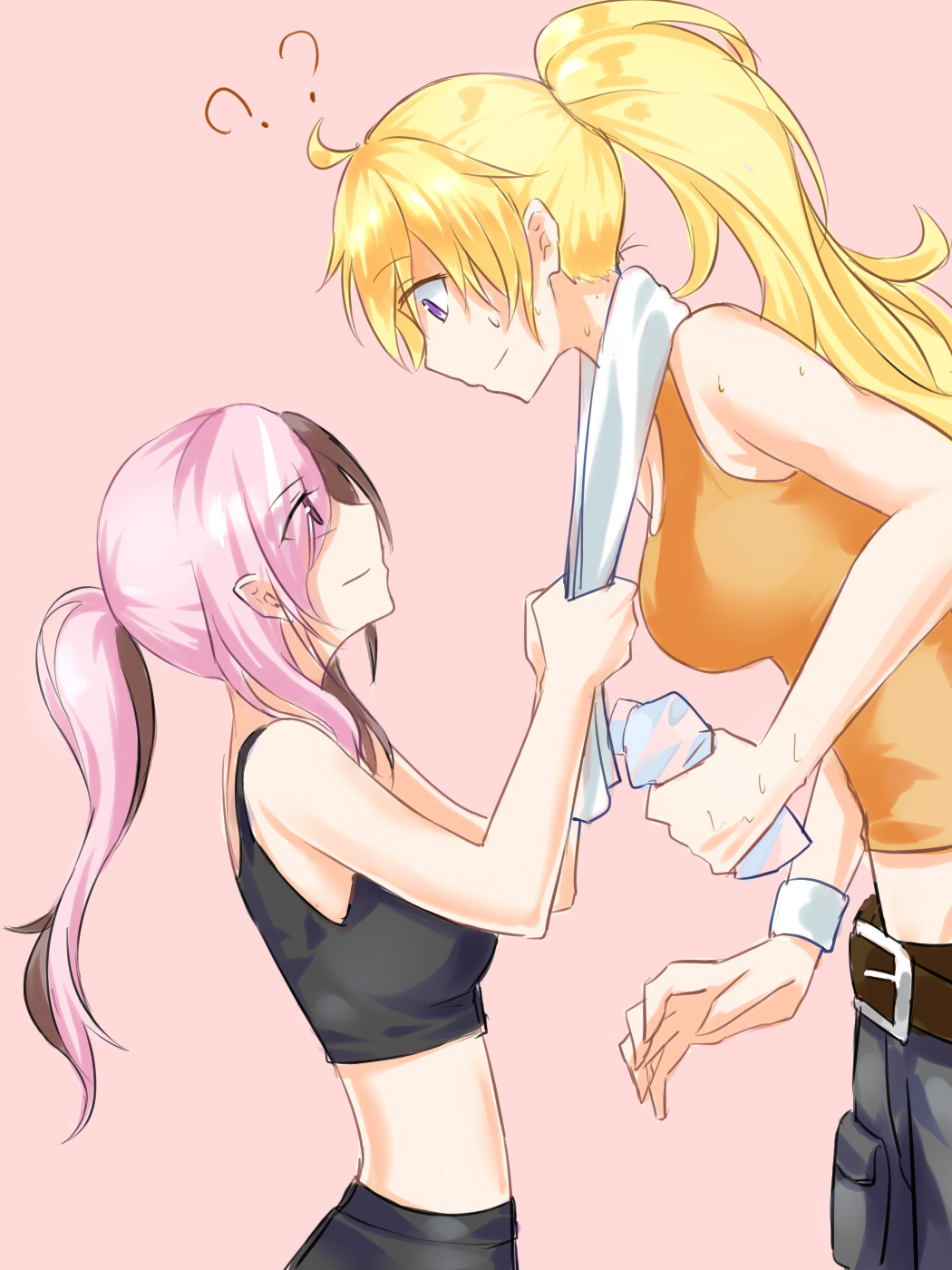 2girls, ?, belt, belt_buckle, blonde_hair, bottle, breasts, brown_hair
