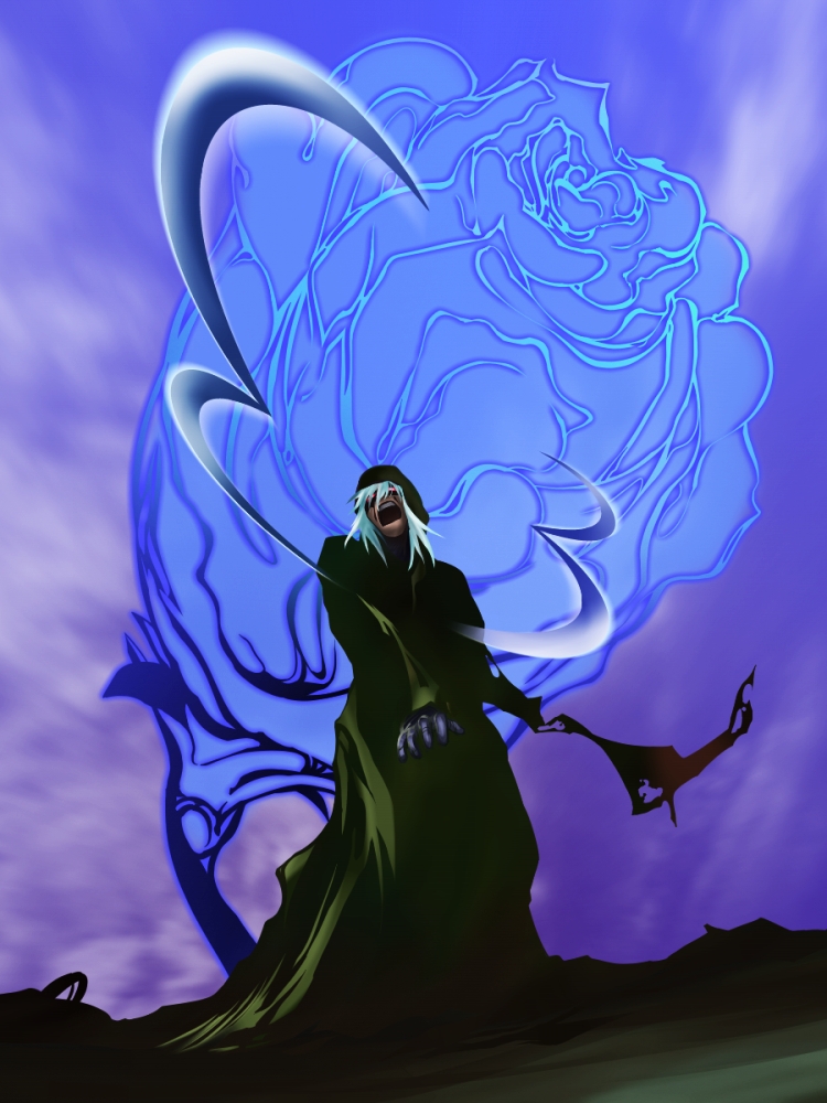 dune, dune_(artist), dune_(casshern_sins), flower, open_mouth, red_eyes, silver_hair