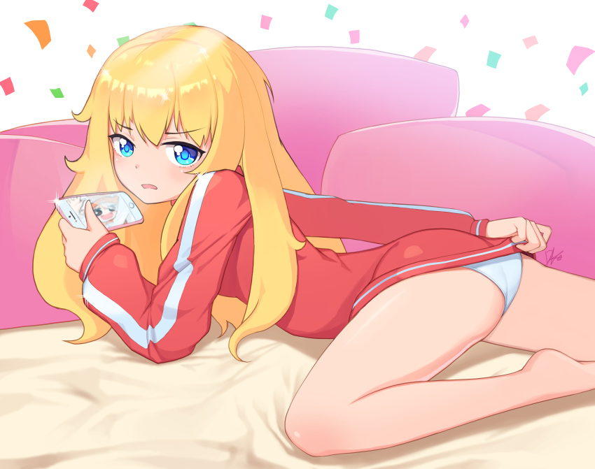 1girl, absurdres, ass, blonde_hair, blue_eyes, cellphone, company_connection, confetti, covering, covering_ass, doma_umaru, douga_koubou, eyebrows_visible_through_hair, gabriel_dropout, highres, himouto!_umaru-chan, lee_seok_ho, long_sleeves, looking_at_viewer, medium_hair, no_pants, panties, phone, phone_screen, signature, smartphone, solo, tenma_gabriel_white, trait_connection, underwear, white_panties