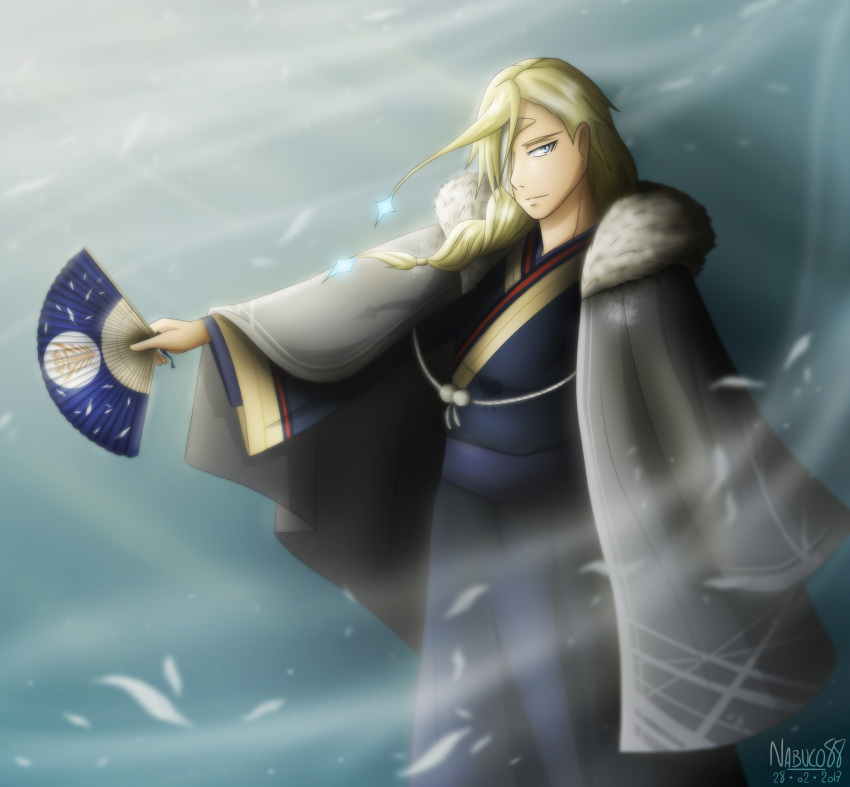 absurdres, blonde_hair, blue_eyes, fan, highres, japanese_clothes, keith_aero_windermere, kimono