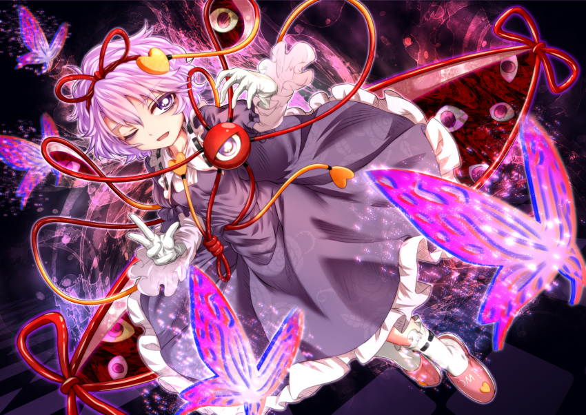 1girl, ;d, butterfly, checkered, checkered_floor, cosplay, dress, dutch_angle