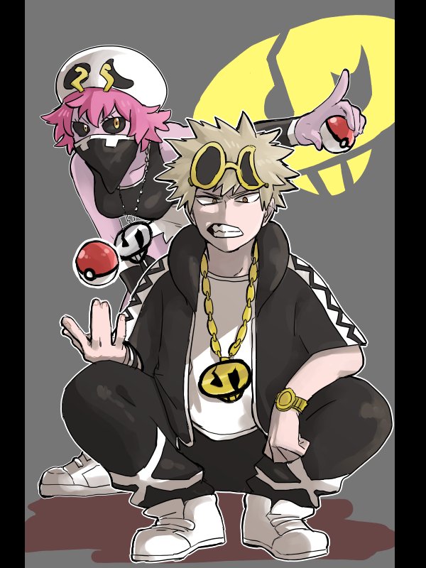 1boy, 1girl, ashido_mina, bakugou_katsuki, bandana_over_mouth, bandanna, bare_shoulders, black_sclera