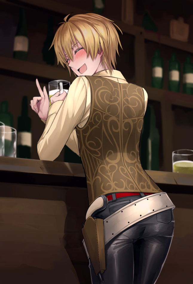 1boy, alcohol, ass, beer, beer_mug, belt, billy_the_kid_(fate/grand_order), blonde_hair