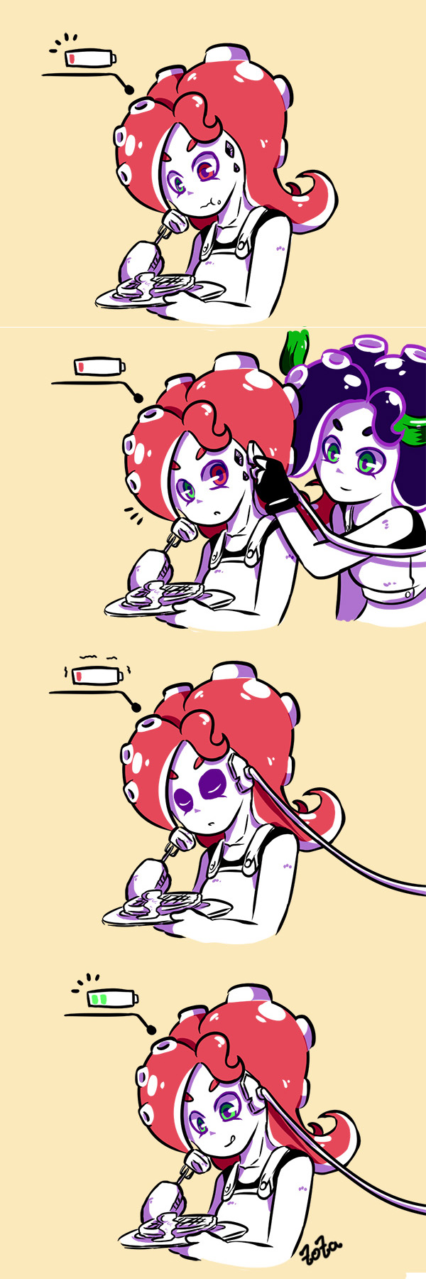 2girls, :d, armor, artist_name, battery, black_hair, cable, closed_eyes