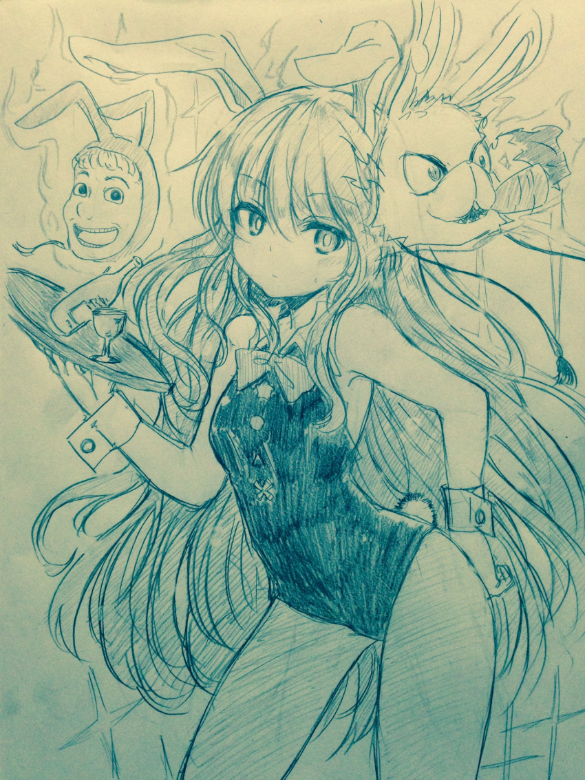 1girl, alternate_costume, animal_ears, armpits, bangs, bare_arms, blush, bottle, bow, bowtie, bunny_girl, bunny_tail, closed_mouth, contrapposto, cowboy_shot, cup, drinking_glass, efukei, eyebrows_visible_through_hair, hair_between_eyes, hata_no_kokoro, highres, holding, holding_tray, long_hair, looking_at_viewer, monochrome, open_mouth, popee, popee_the_performer, rabbit_ears, sidelocks, sleeveless, smile, sparkle, standing, star, sweat, tail, touhou, traditional_media, tray, very_long_hair, wine_glass, wrist_cuffs