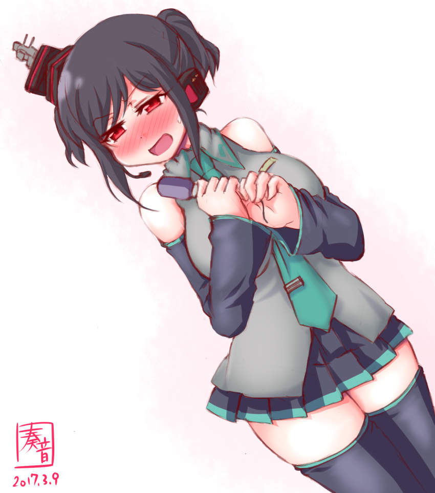 1girl, alternate_costume, alternate_hairstyle, black_hair, blush, commentary_request, cosplay, detached_sleeves